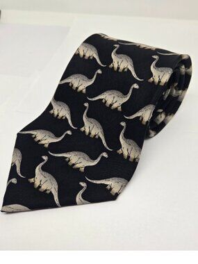 Austin Grey 100% Silk Tie, Black, Dinosaurs
